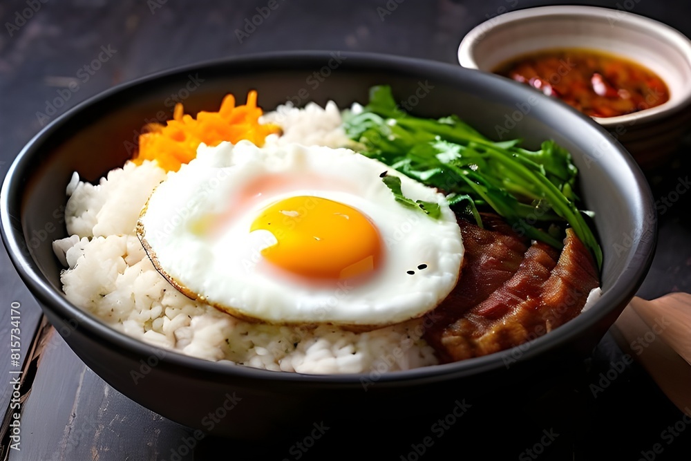 Delicious bowl of rice topped with a perfectly cooked egg, a classic and satisfying meal