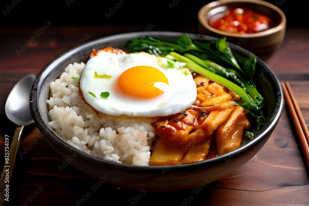 Delicious bowl of rice topped with a perfectly cooked egg, a classic and satisfying meal Delicious bowl of rice topped with a perfectly cooked egg, a classic and satisfying meal