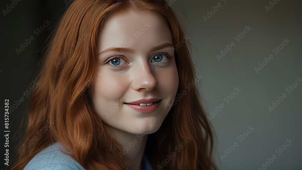 Fototapeta premium Radiant Young Woman with Red Hair and Blue Eyes: Captivating Portrait.