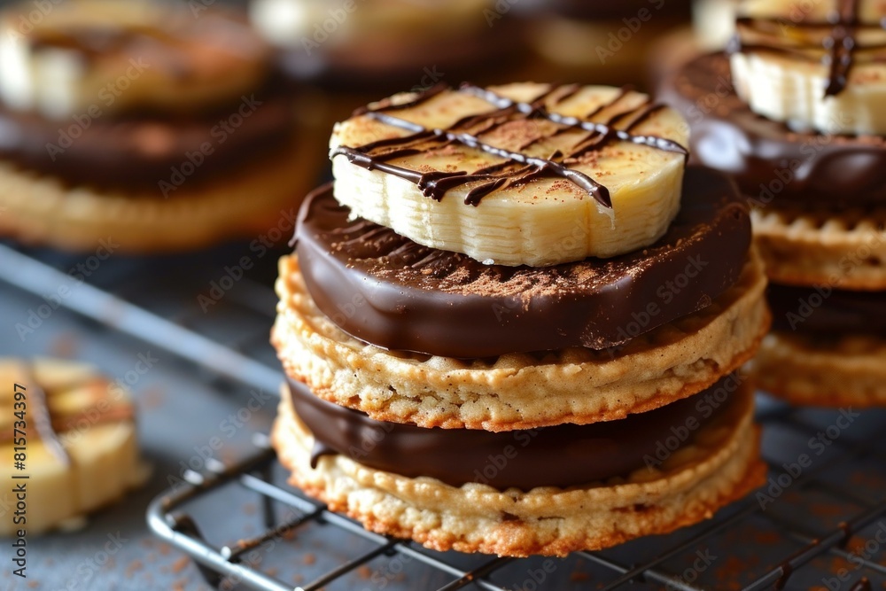 Close-up of scrumptious chocolate glazed pastries topped with banana slices