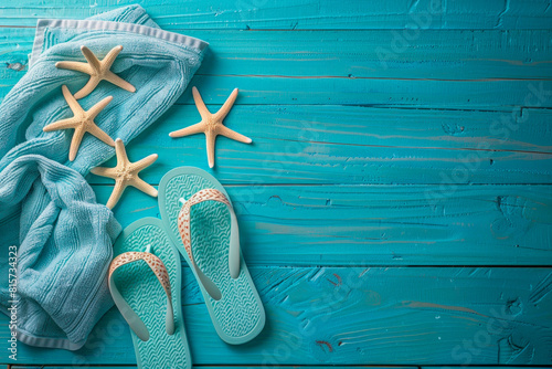 Turquoise flip flops and starfish on a blue wooden background with space for text. photo