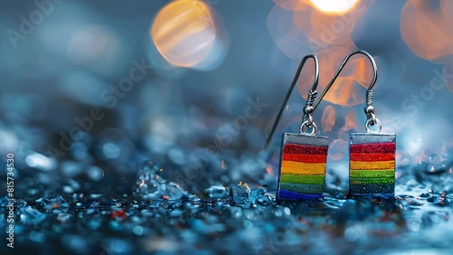 Rainbow-colored earrings on reflective surface with shimmering bokeh background photo