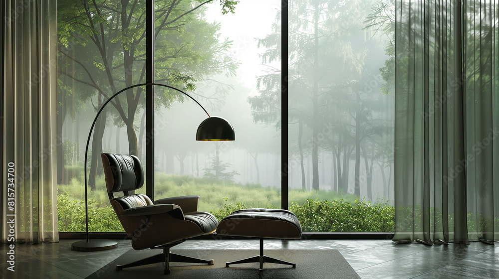 Contemporary Interior Overlooking Misty Forest