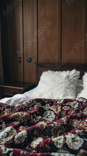 a plush velvet bed adorned with a gray and mustard yellow flower pattern, complemented by a bipartite continuity pattern plush blanket and white furry pillows at both ends. photo