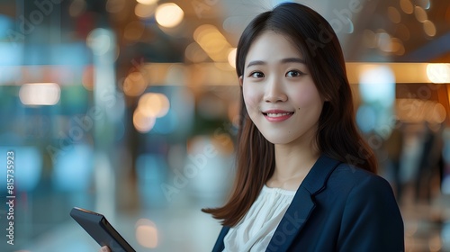 Against the backdrop of a modern office interior, a young Asian saleswoman captures attention with her radiant smile and engaging presence. Confidently holding a digital tablet