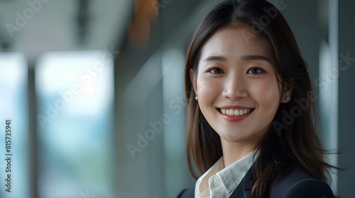 Against the backdrop of a modern office interior, a young Asian saleswoman captures attention with her radiant smile and engaging presence. Confidently holding a digital tablet