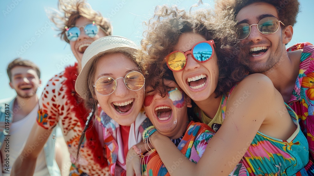 Amidst a colorful array of retro props and decorations, a cluster of exuberant young people forms a tight-knit group, their arms intertwined in a joyful embrace, their laughter 