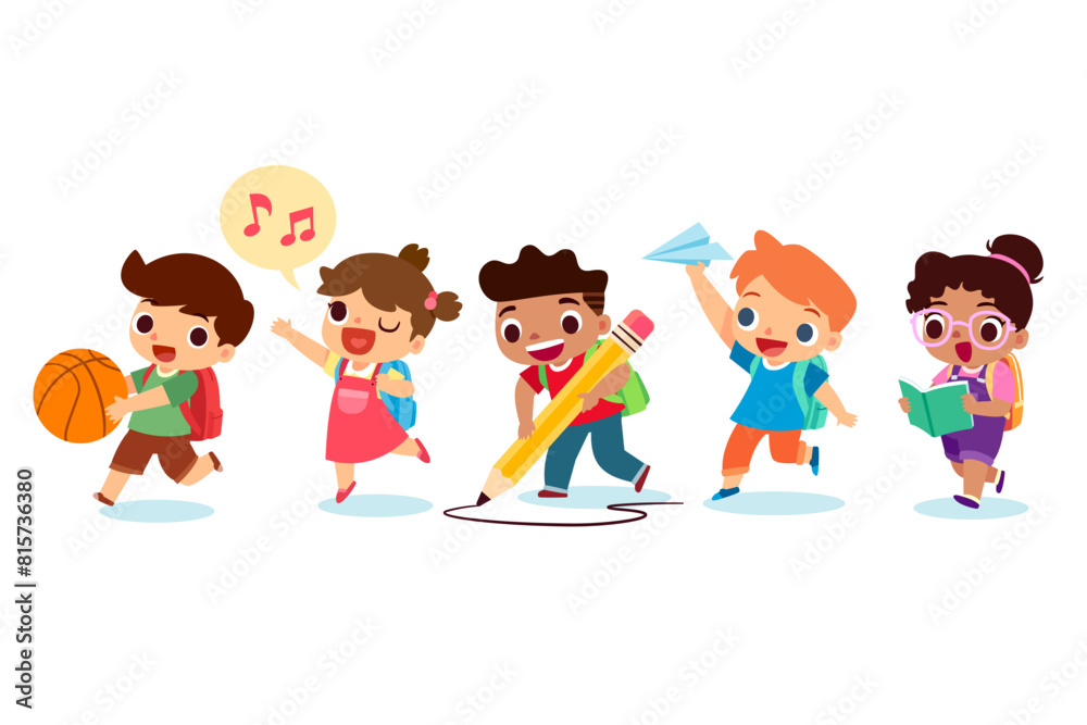 kids with backpack and school object going to school kids with backpack and school object going to school