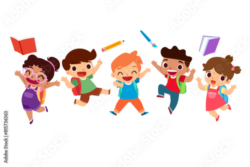kids with backpack jumping with excitement for school day