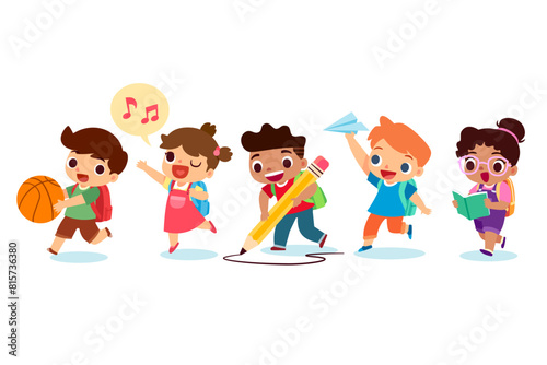kids with backpack and school object going to school