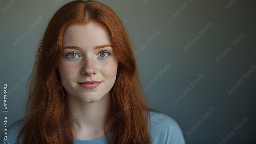 Fototapeta premium Radiant Young Woman with Red Hair and Blue Eyes: Captivating Portrait.