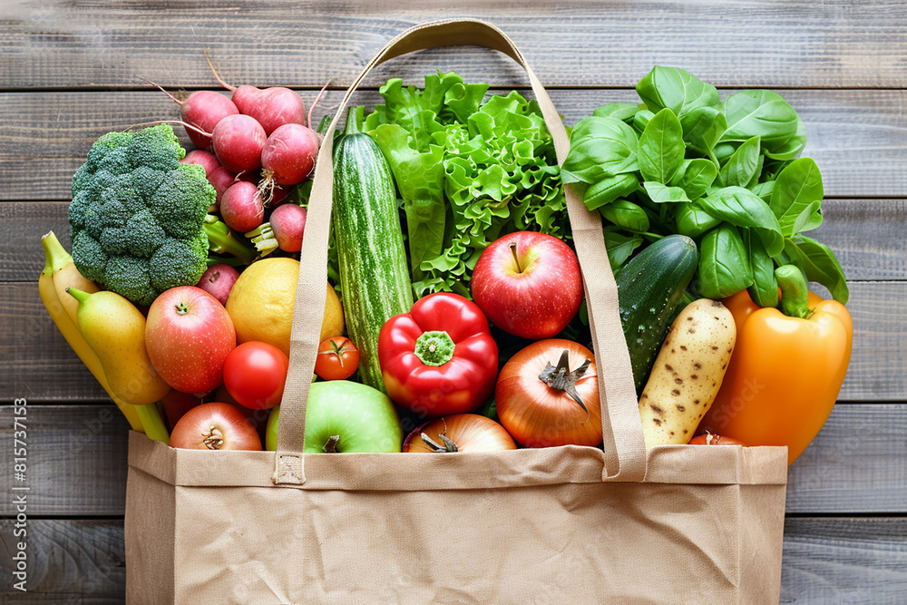 A bag of vegetables and fruits is displayed on a wooden surface A bag of vegetables and fruits is displayed on a wooden surface