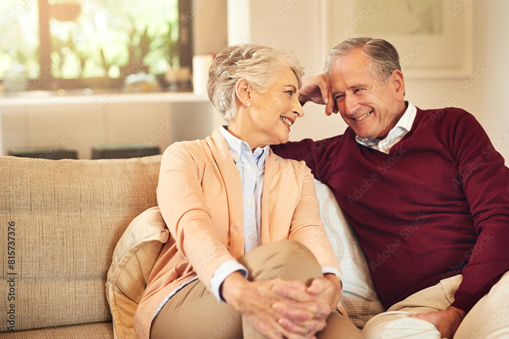 Φωτογραφία Love, retirement and smile with senior couple on sofa in living room of home together for bonding
