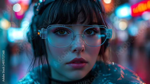 Neon Nights, A Girl with Headphones in a Cityscape Illuminated by Neon Lights
