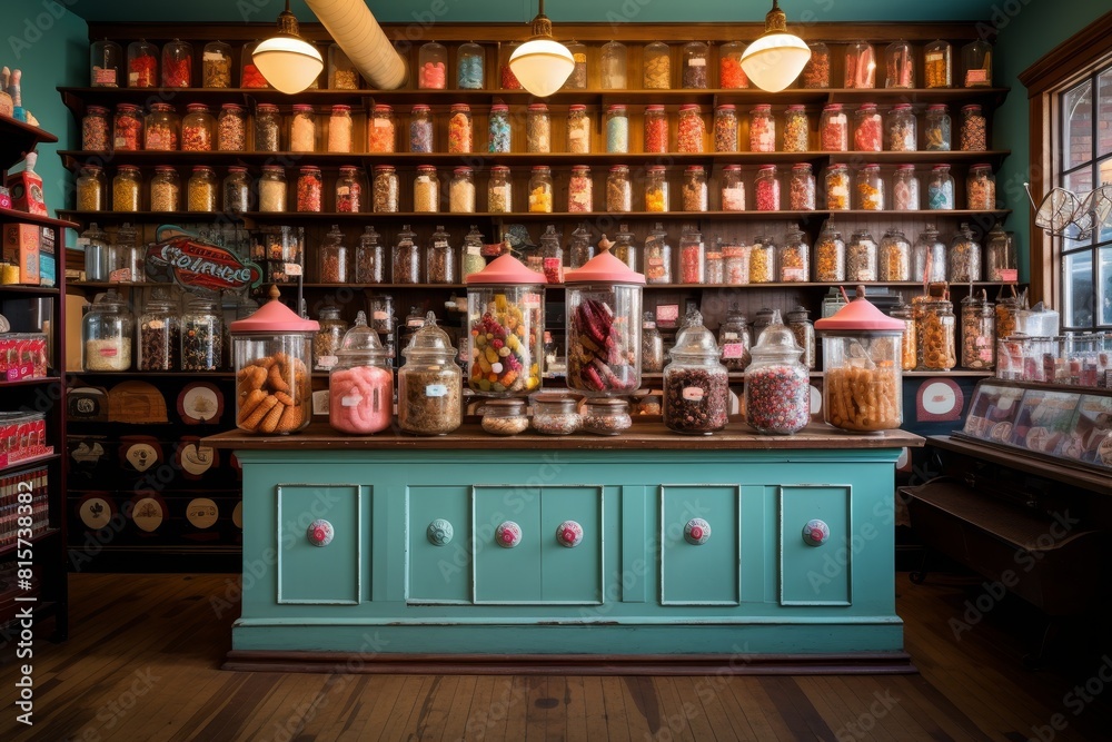 Step into the Past: A Quaint 1950s Candy Shop with Antique Fixtures and a Rainbow of Sweets Step into the Past: A Quaint 1950s Candy Shop with Antique Fixtures and a Rainbow of Sweets