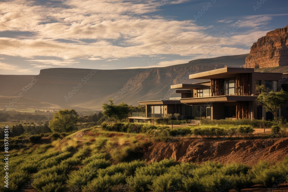 A Panoramic View of a Secluded Mountain Vineyard Estate Surrounded by Lush Greenery A Panoramic View of a Secluded Mountain Vineyard Estate Surrounded by Lush Greenery