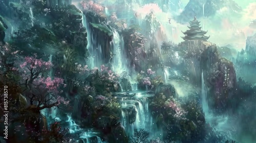 Beautiful View of waterfalls in medieval world  digital art style