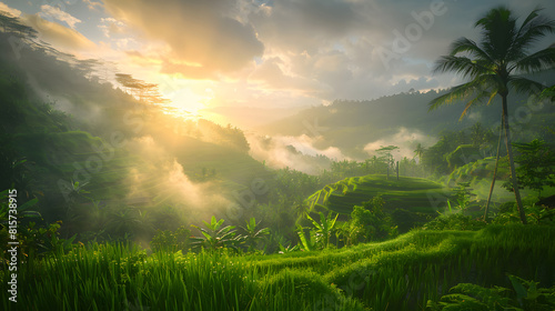 A photo of the Tegallalang Rice Terraces, with lush green fields as the background, during sunrise
