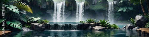 The abstract background features a clear podium overlooking a cascading waterfall  blending the tranquility of nature with a modern display setting.