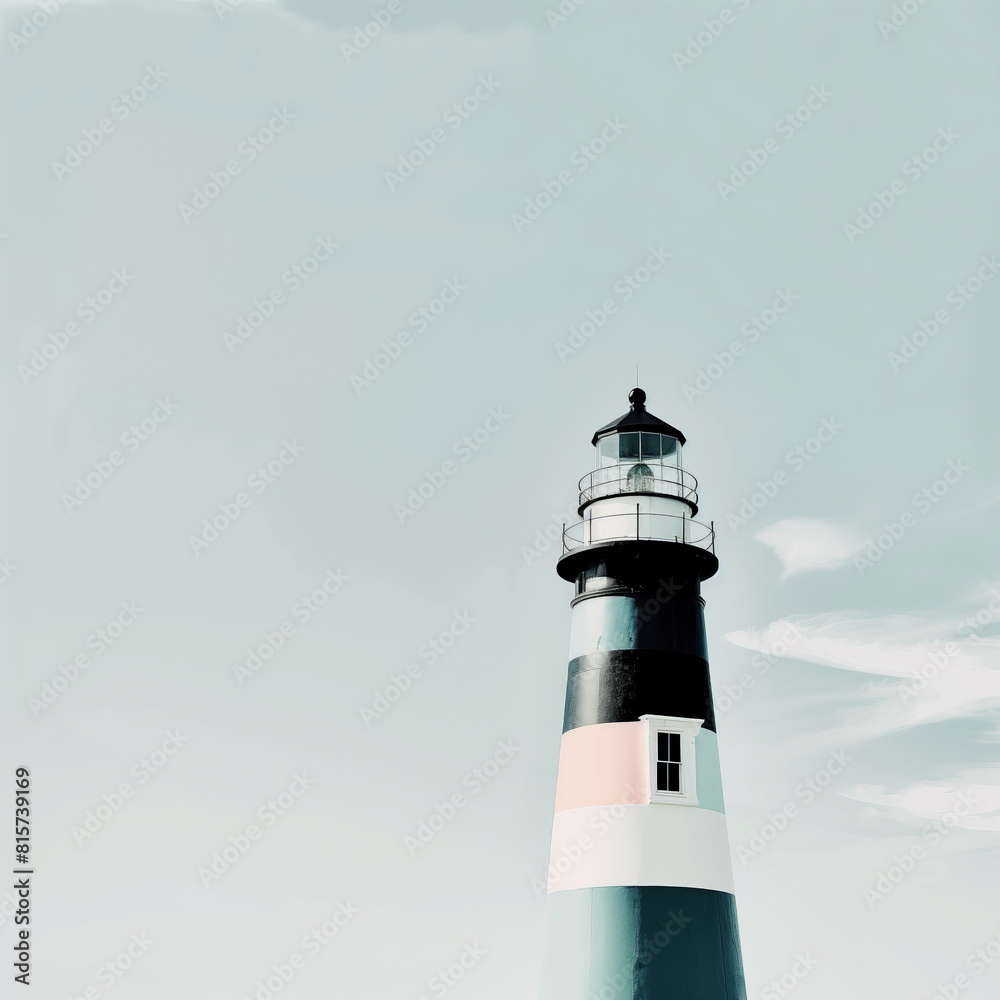 illustration of A lighthouse tower stands tall on a sea coast, guiding ships with its beacon under a blue sky.