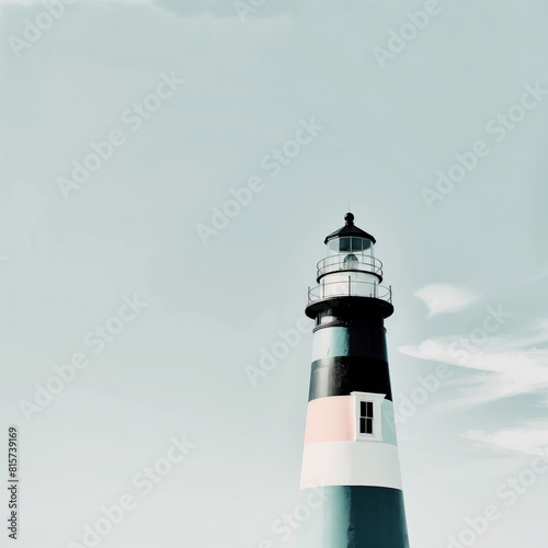 illustration of A lighthouse tower stands tall on a sea coast  guiding ships with its beacon under a blue sky.