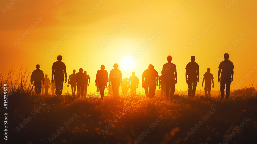Silhouette of People Walking in Field at Sunset