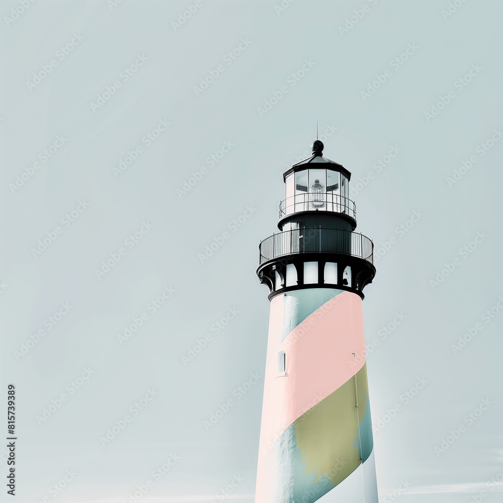 illustration of A pastel lighthouse with a tall tower stands guard on the coast under a clear blue sky.