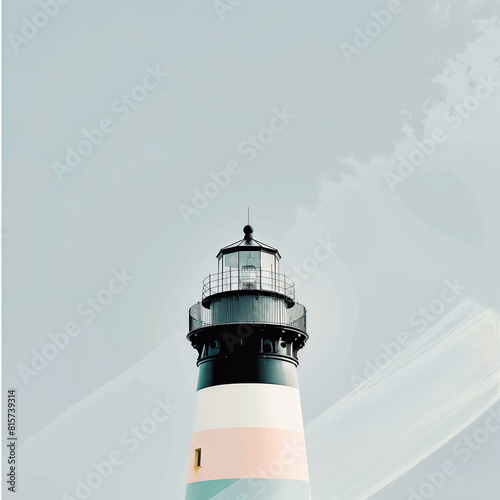 illustration of A pastel lighthouse with a tall tower stands guard on the coast under a clear blue sky. photo