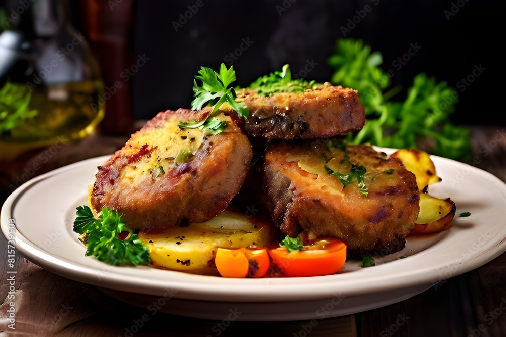 Plated fried cutlets with vegetables on a wooden table. Plated fried cutlets with vegetables on a wooden table.