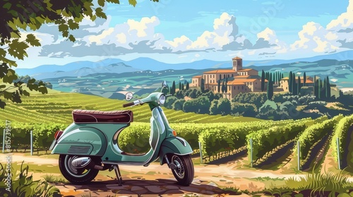 A green scooter is parked in front of a vineyard