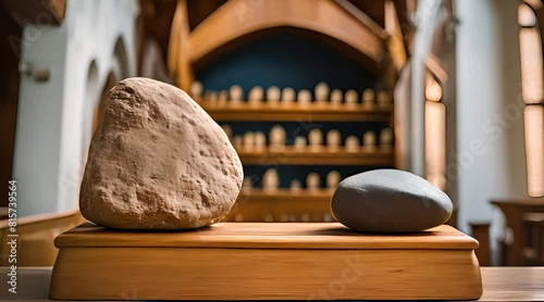 Kommunion, Konfirmation, Firmung, Taufe - bunte Steine mit Kreuz, Fisch und Herz auf Holz photo