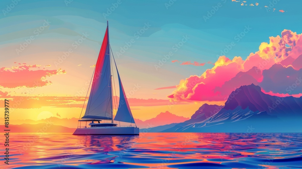 Naklejka premium A sailboat is sailing in the ocean at sunset