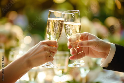 close-up two hands toasting with champagne glasses