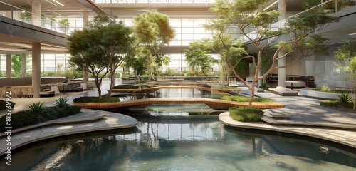 An office pool designed as a central feature of a communal atrium  with bridges crossing over the water and seating areas nestled amongst indoor trees  creating a park-like setting indoors. 