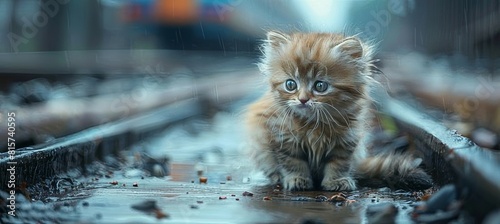 Kitten Standing on Train Track in Rain photo