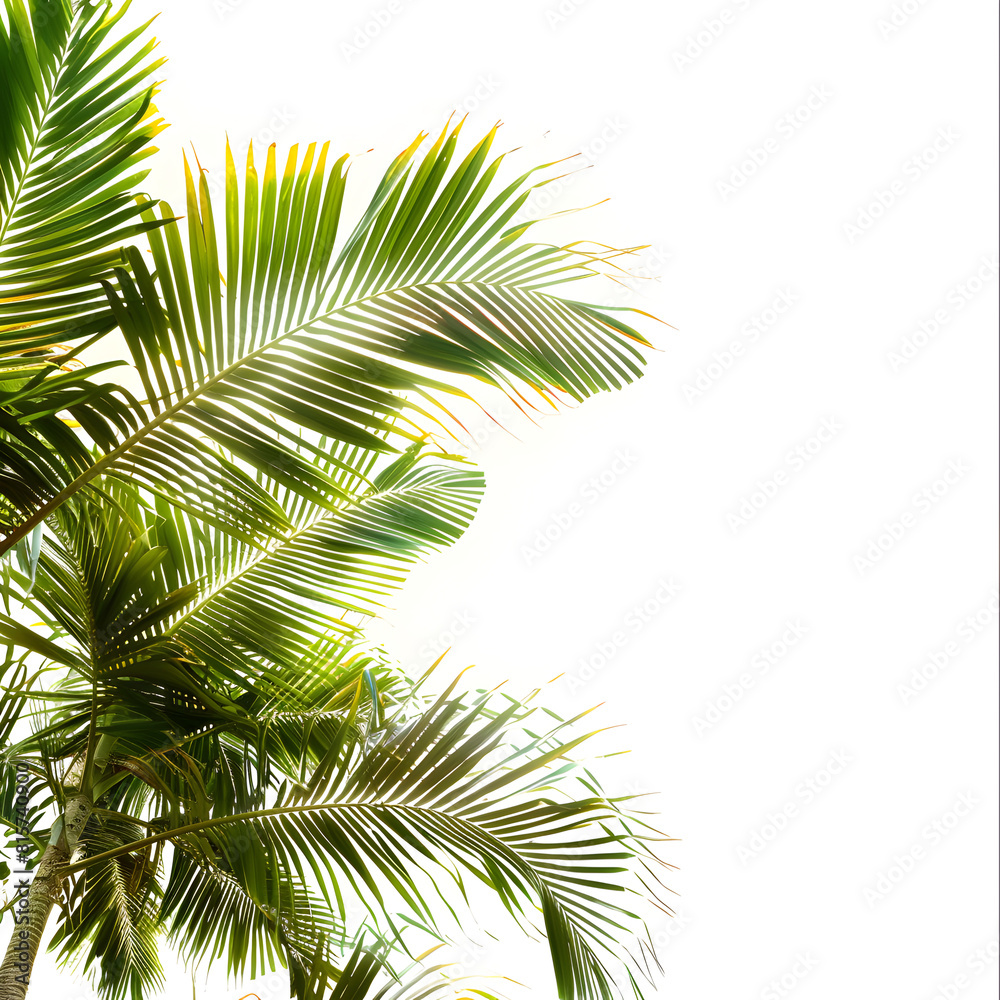 Fototapeta premium Horizontal background with tropical palm tree. Leaves of a tall palm tree and white sky.