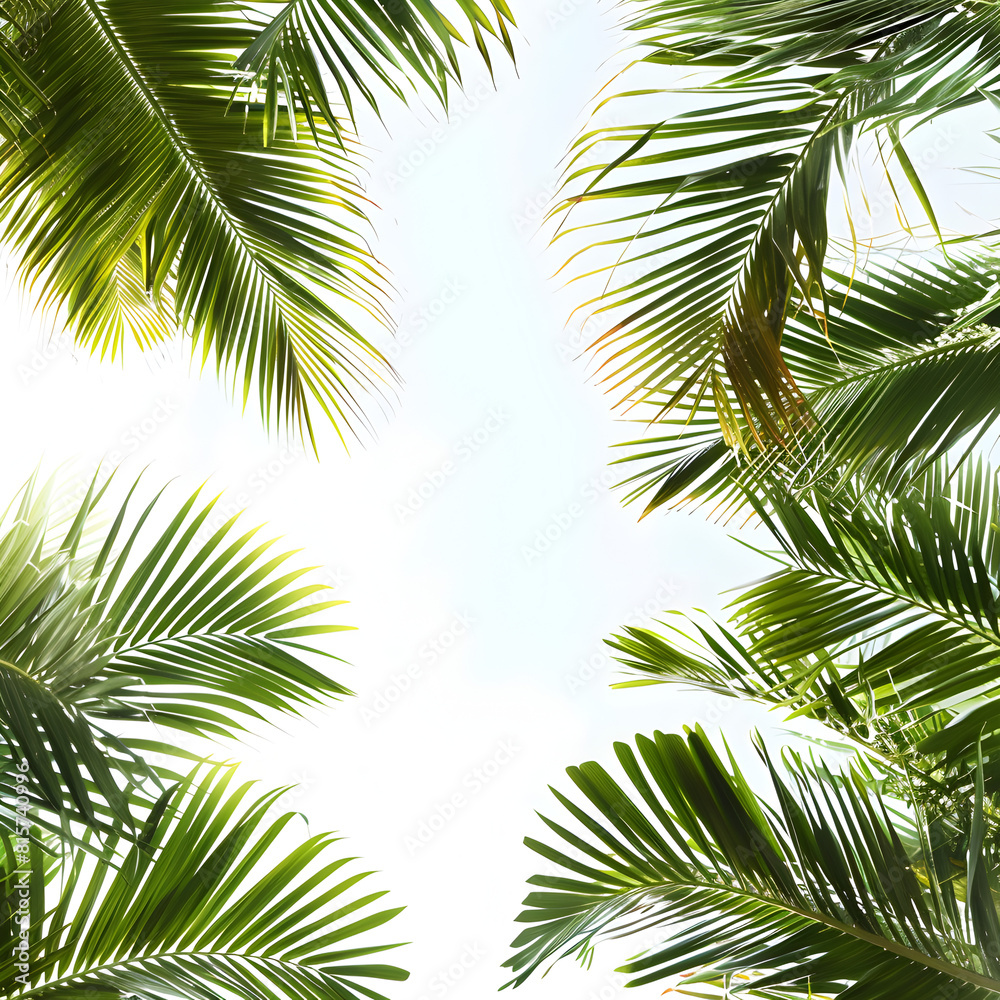 Horizontal background with tropical palm tree. Leaves of a tall palm tree and white sky. Horizontal background with tropical palm tree. Leaves of a tall palm tree and white sky.