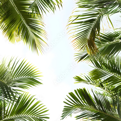 Horizontal background with tropical palm tree. Leaves of a tall palm tree and white sky.