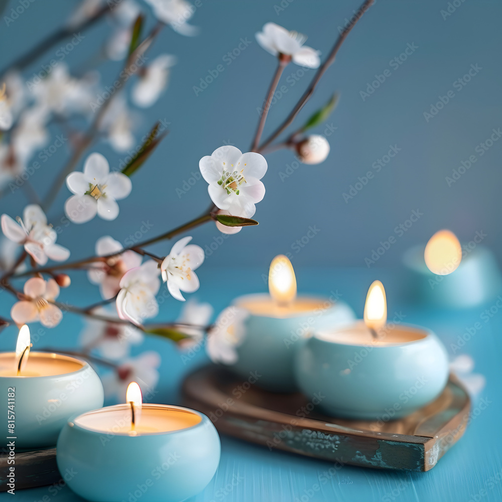 Burning candles on blue background. Spring season. Burning candles on blue background. Spring season.