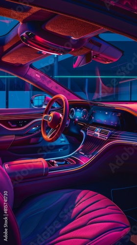 Purple interior of a car with a red steering wheel