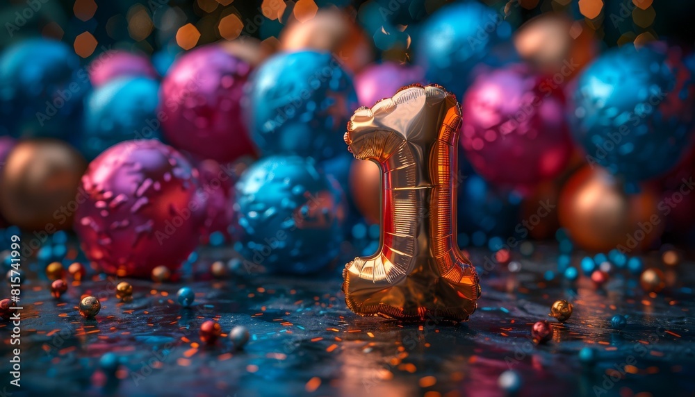 Naklejka premium Made of two golden floating helium balloons, more ballons and party atmosphere in the background, festive birthday card. Number 1