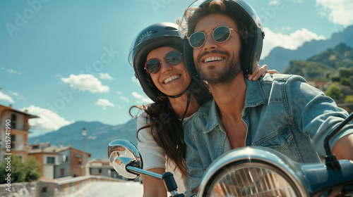 A couple young man and a woman riding a scooter together. They are both smiling and wearing helmets. The background shows a street in the mountains and sky around them. Pleasure of travel