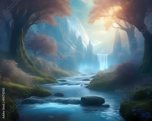 Nature background of a fantastical landscape featuring a glowing  enchanted forest with mystical creatures and a crystal-clear river flowing through it