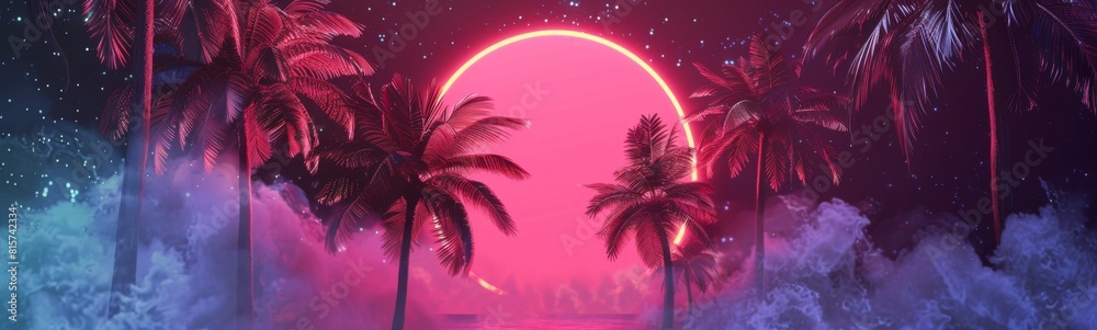 Palm trees in front of a pink sunset with a pink moon. Travel background. Banner