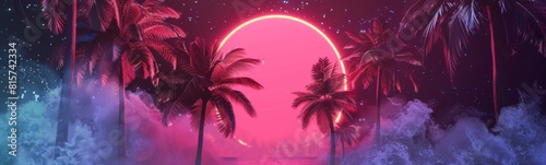 Palm trees in front of a pink sunset with a pink moon. Travel background. Banner