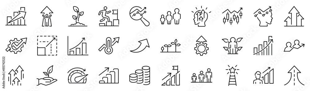© SkyLine - Set of 30 outline icons related to growth. Linear icon collection. Editable stroke. Vector illustration