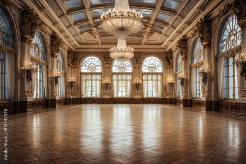 Grand Ballroom in Historic Building Featuring Tall Windows and Crystal Chandeliers