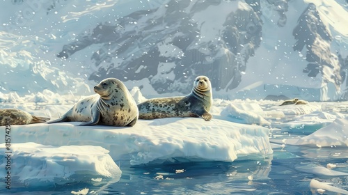 Glacier and wildlife, photorealistic, a family of seals resting on an ice floe, crisp detail realistic photo
