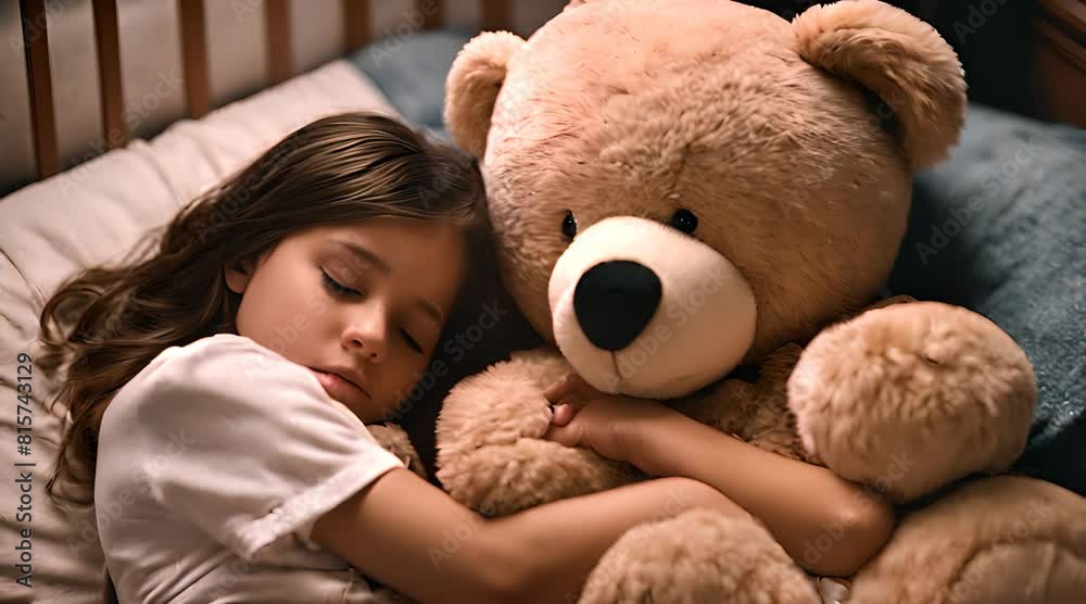 Mädchen schläft mit großem Teddy im Arm