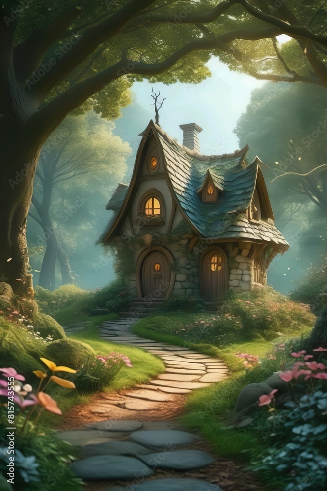 Fototapeta premium Nature background design a whimsical fairy tale scene with a charming cottage in the woods, playful fairies, and a winding path leading to a magical portal